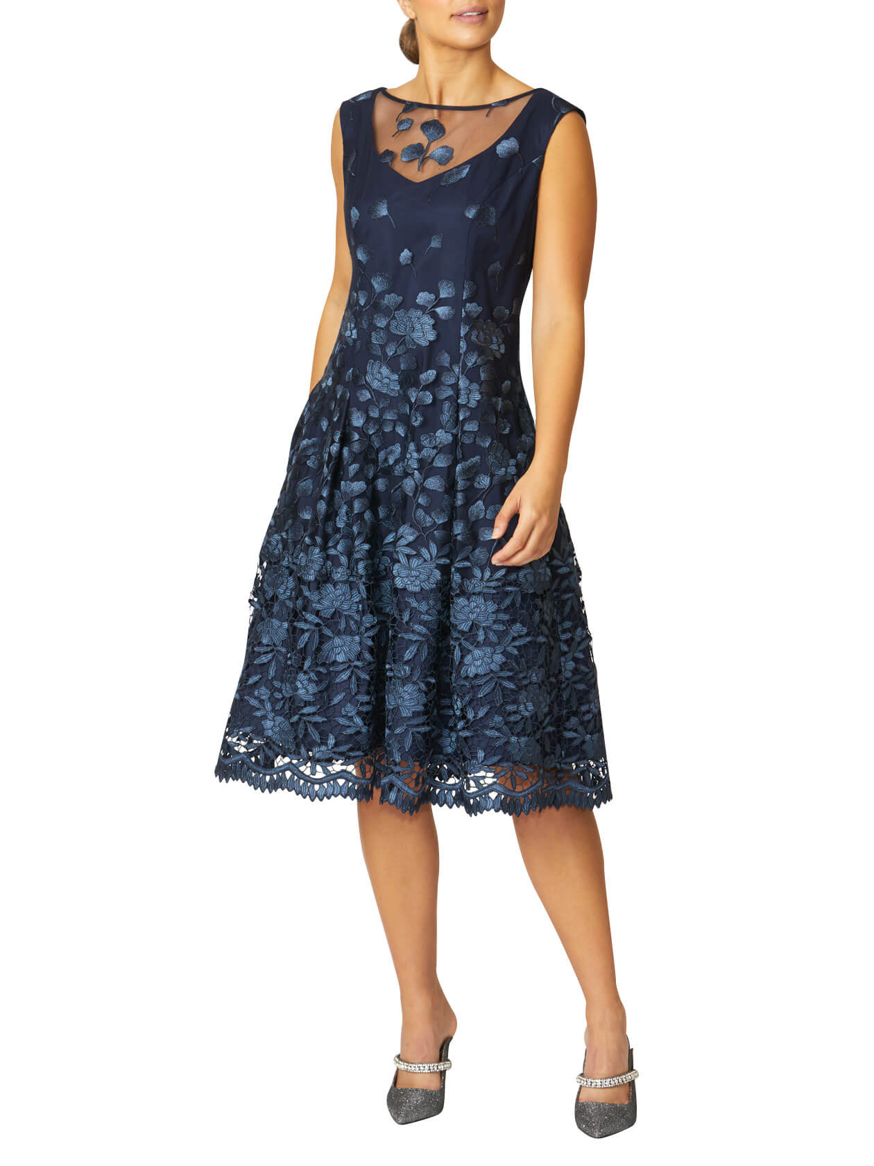 Women's Embroidered Mesh Fit & Flare A-Line Dress in Navy