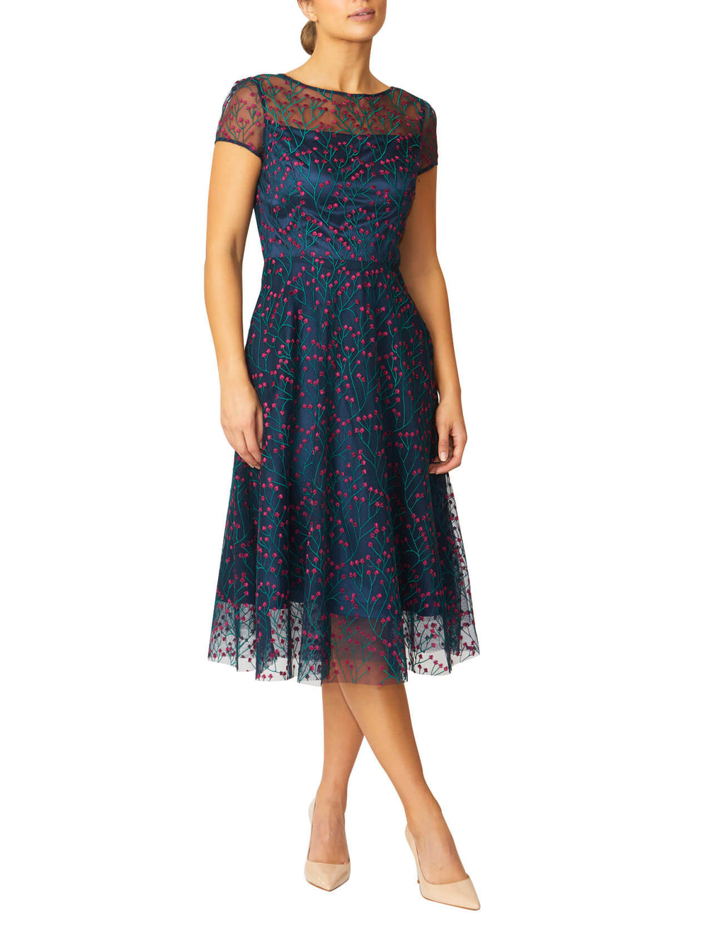 Women's Embroidered Mesh A-Line Fit and Flare Dress in Navy