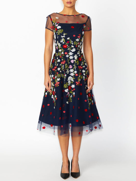 Women's Embroidered Fit & Flare A-Line Dress in Navy | Leila