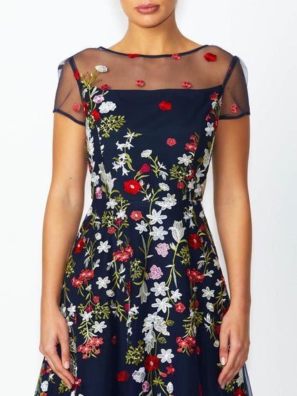 Women's Embroidered Fit & Flare A-Line Dress in Navy | Leila