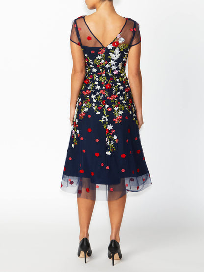 Women's Embroidered Fit & Flare A-Line Dress in Navy | Leila