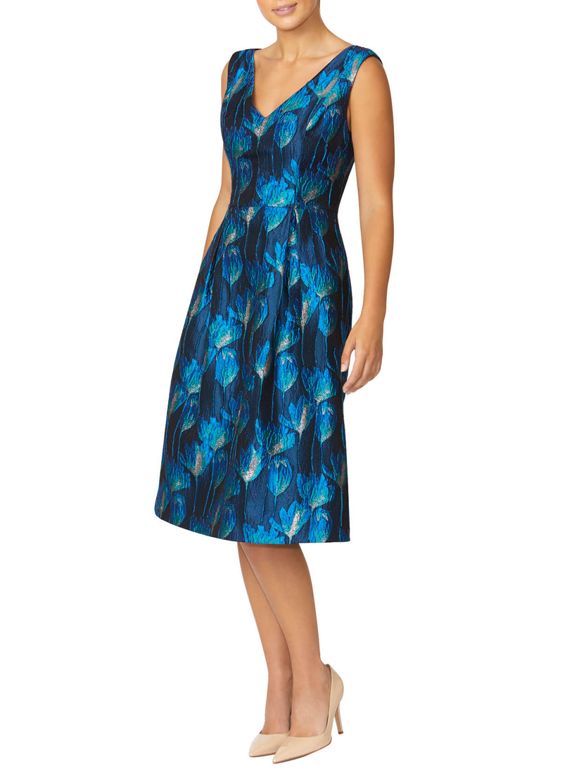 Women's Lurex Jacquard Fit & Flare A-Line Dress in Navy | Avery