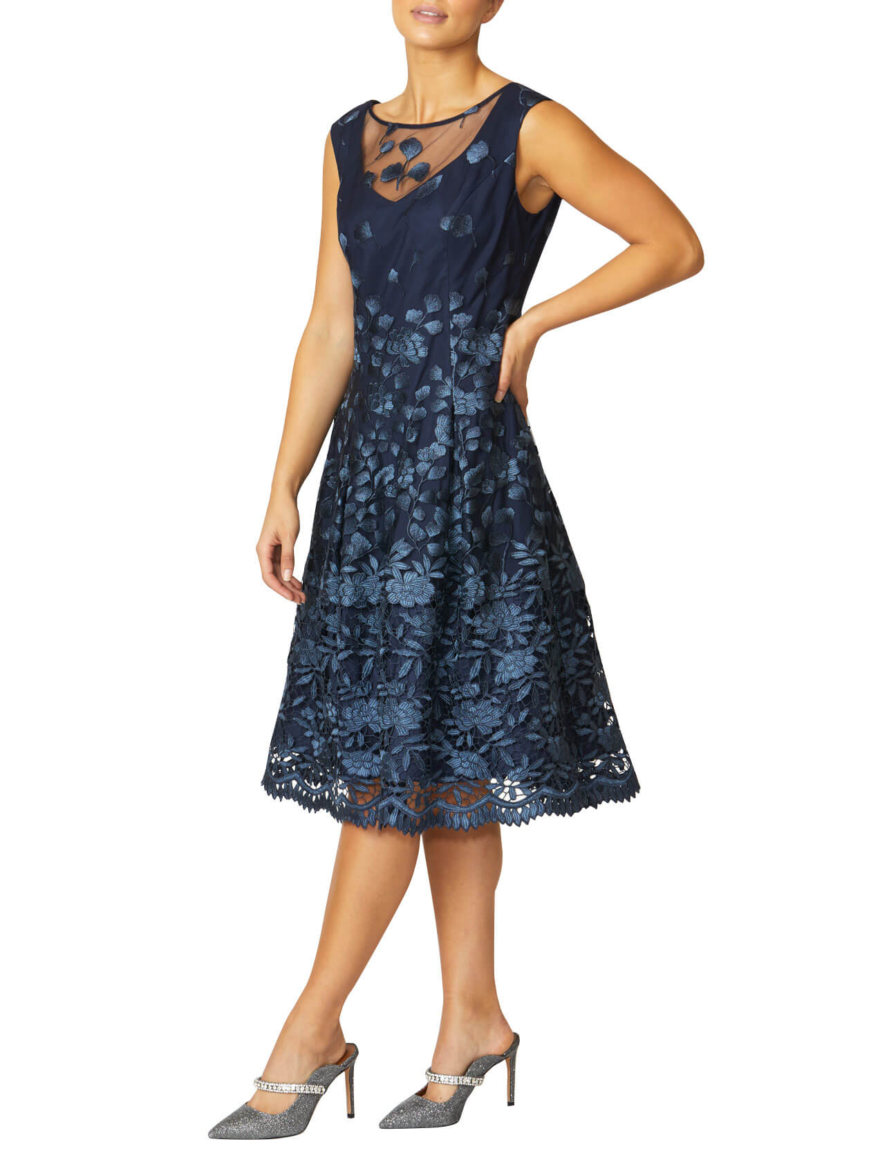 Women s Embroidered Mesh Fit Flare A Line Dress in Navy