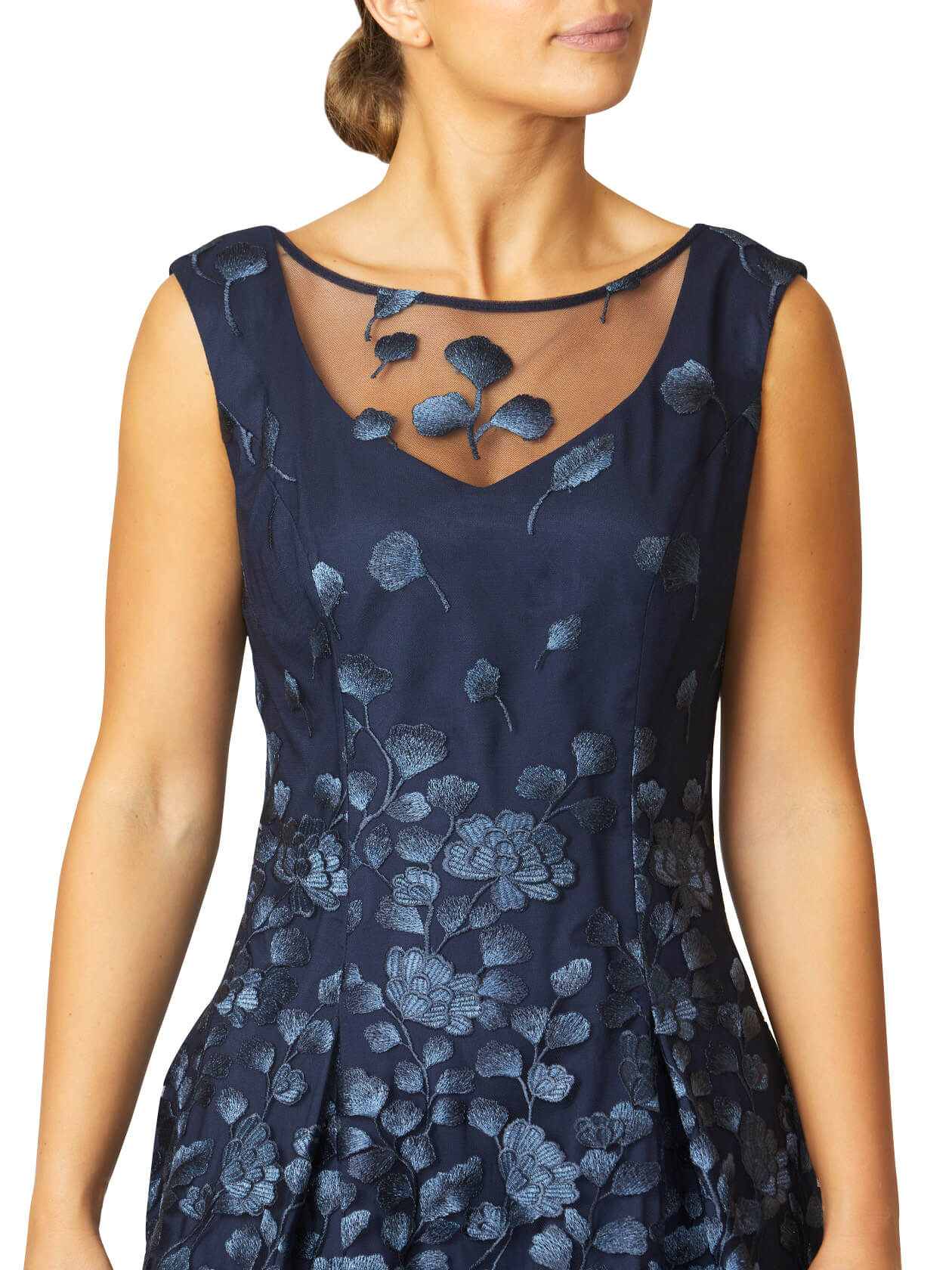 Women s Embroidered Mesh Fit Flare A Line Dress in Navy