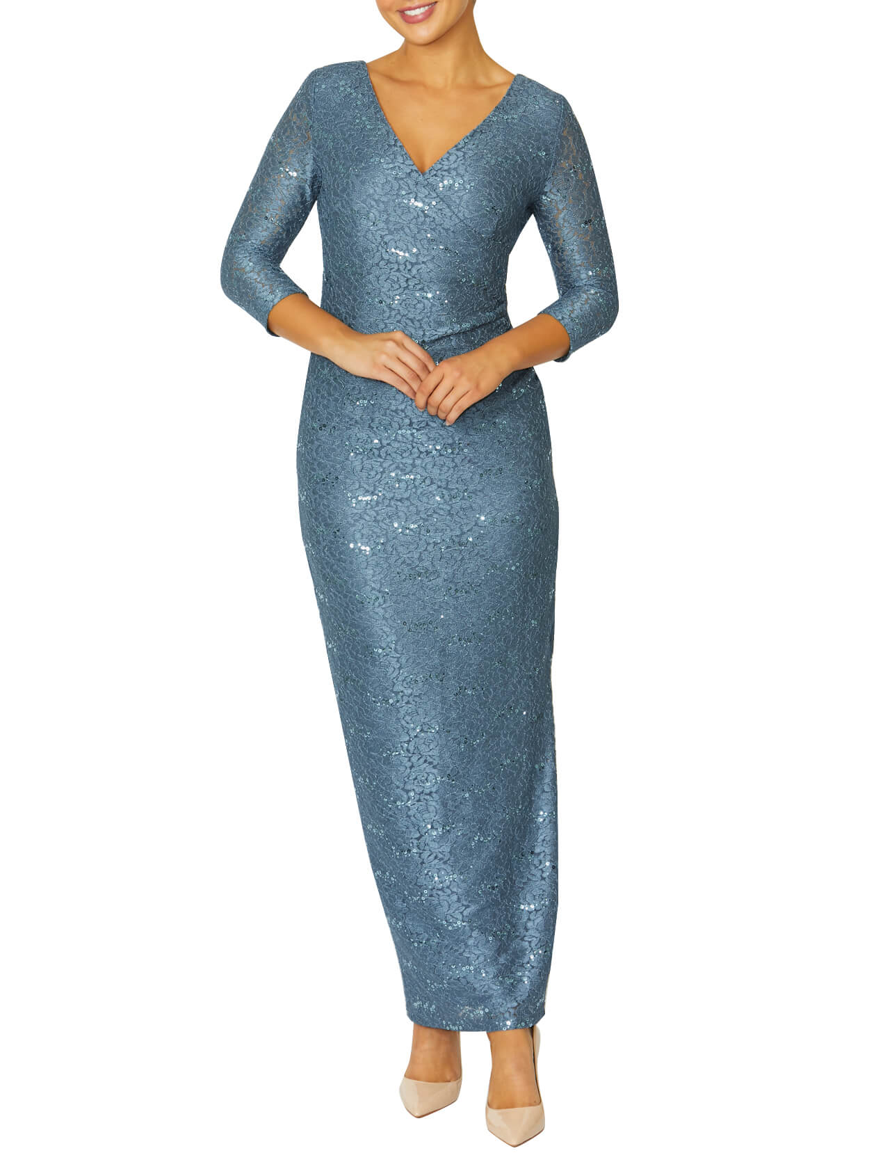 Women's Sequin Crossover Front Column Gown in Blue