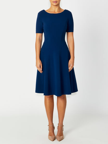 Women's Stretch Scuba Fit & Flare Dress in Navy | Marilyn