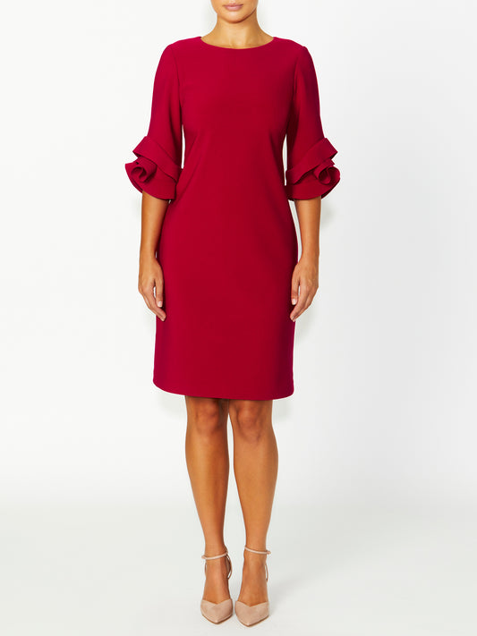 Women's Crepe Ruffle Sleeve Dress in Red | Rosie