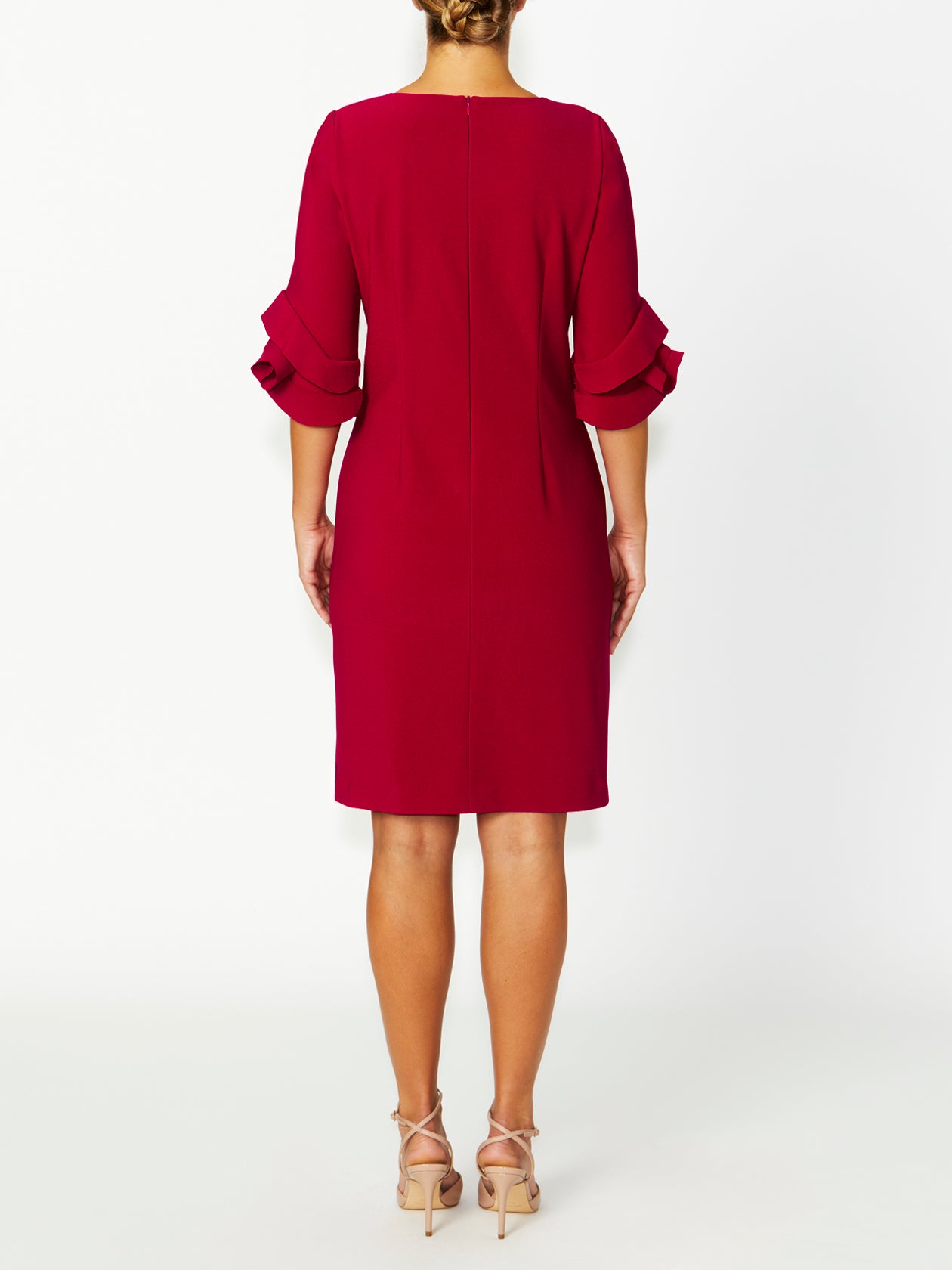 Women's Crepe Ruffle Sleeve Dress in Red | Rosie