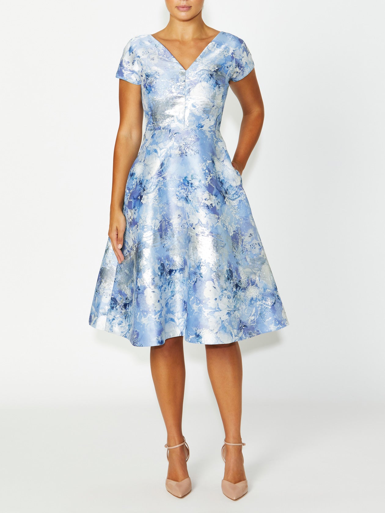 Women's Jacquard Fit & Flare Dress in Blue and White | Emersyn