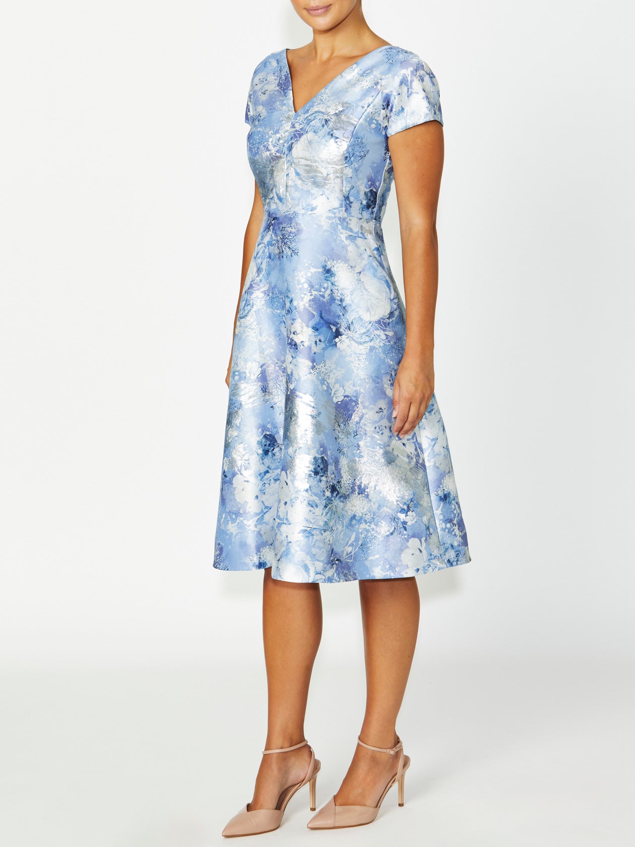 Women's Jacquard Fit & Flare Dress in Blue and White | Emersyn