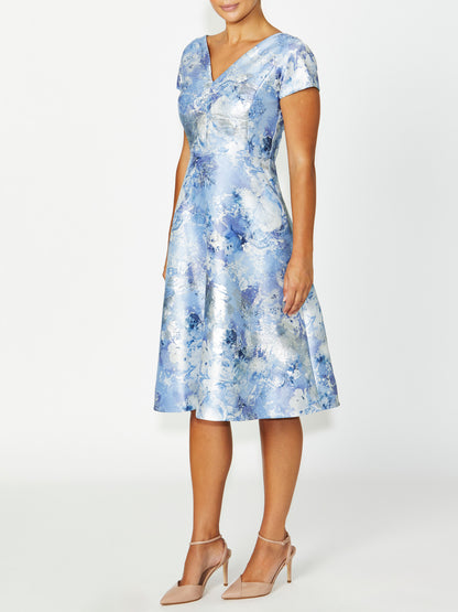 Women's Jacquard Fit & Flare Dress in Blue and White | Emersyn