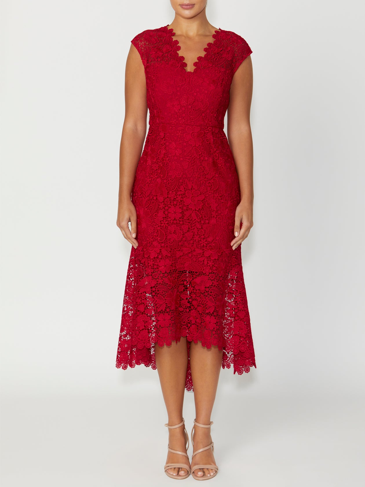 Women's Lace Asym Dress in Red | Georgina