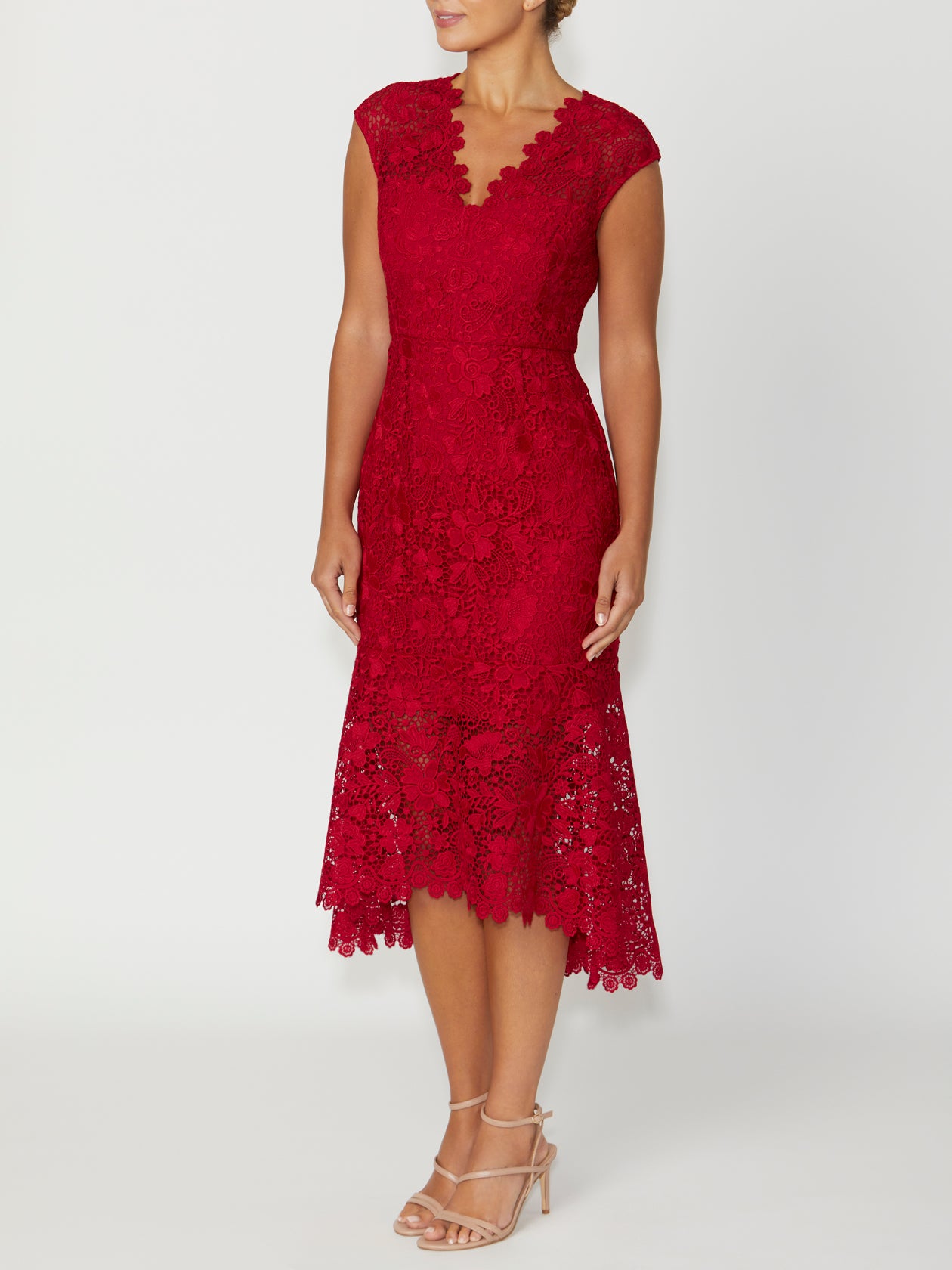 Women's Lace Asym Dress in Red | Georgina