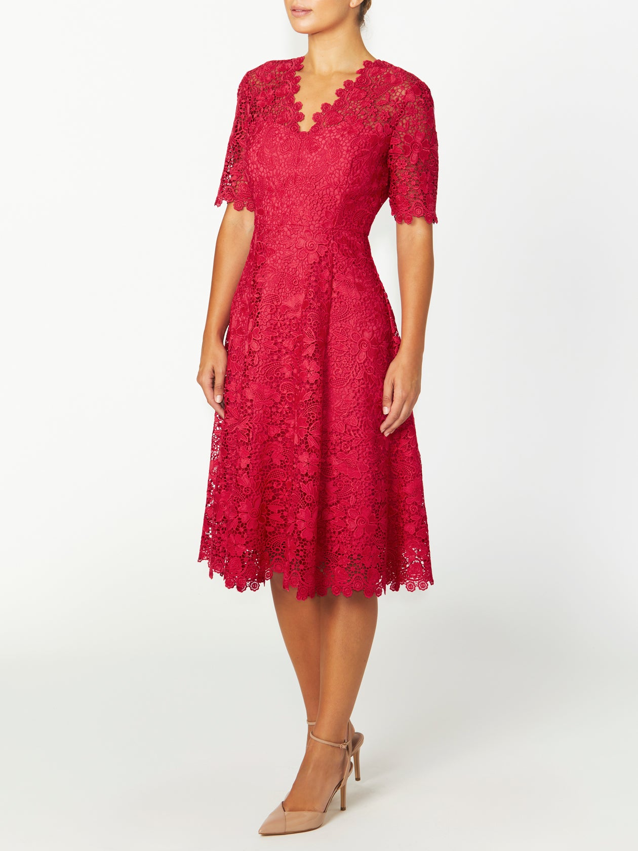 Women's Lace Midi Length Dress in Pink | Emily