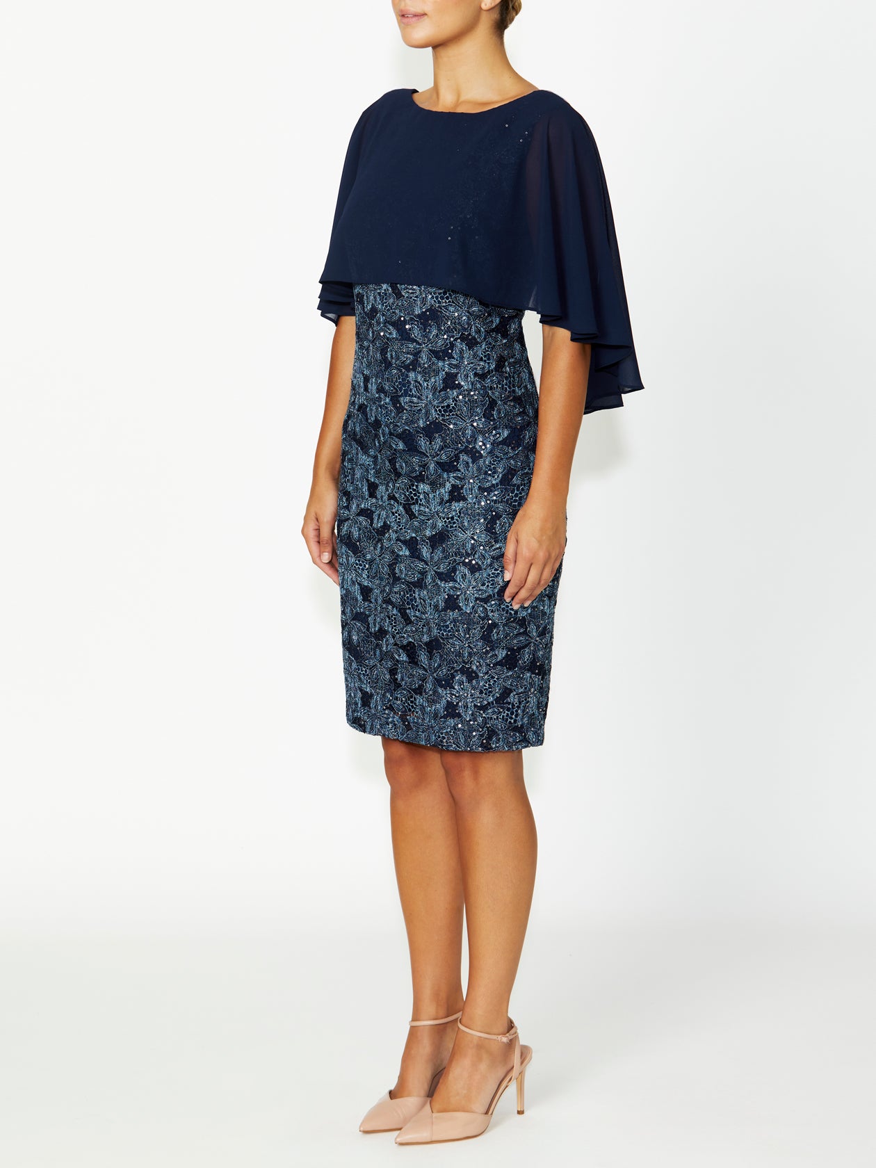 Women's Sequin Flutter Sleeve Dress in Navy | Beatrix