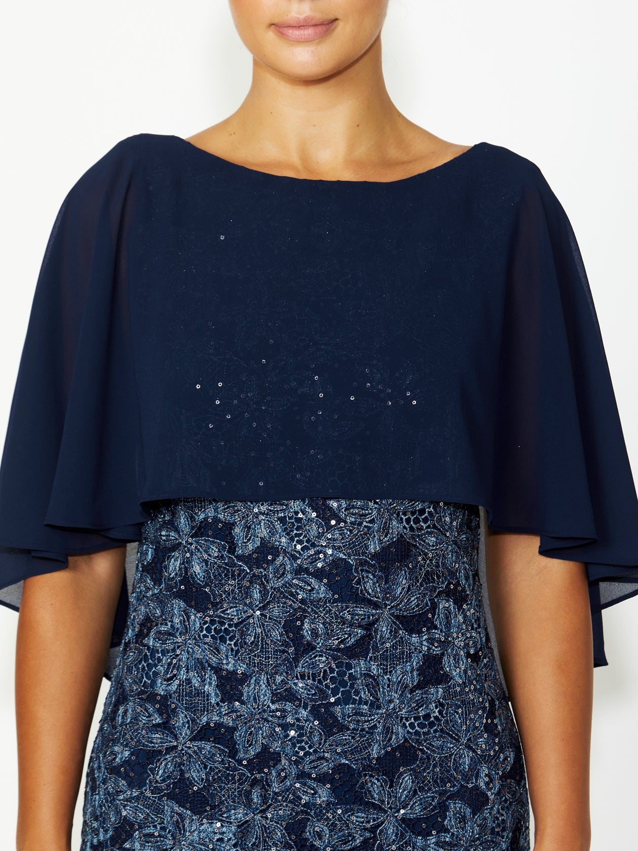 Women's Sequin Flutter Sleeve Dress in Navy | Beatrix