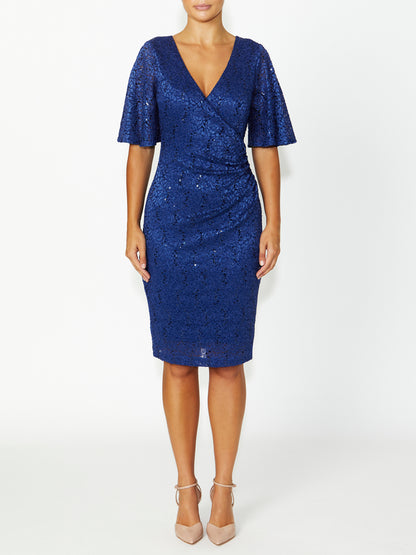 Women's Sequin Lace Flutter Sleeve Dress in Blue | Genesis