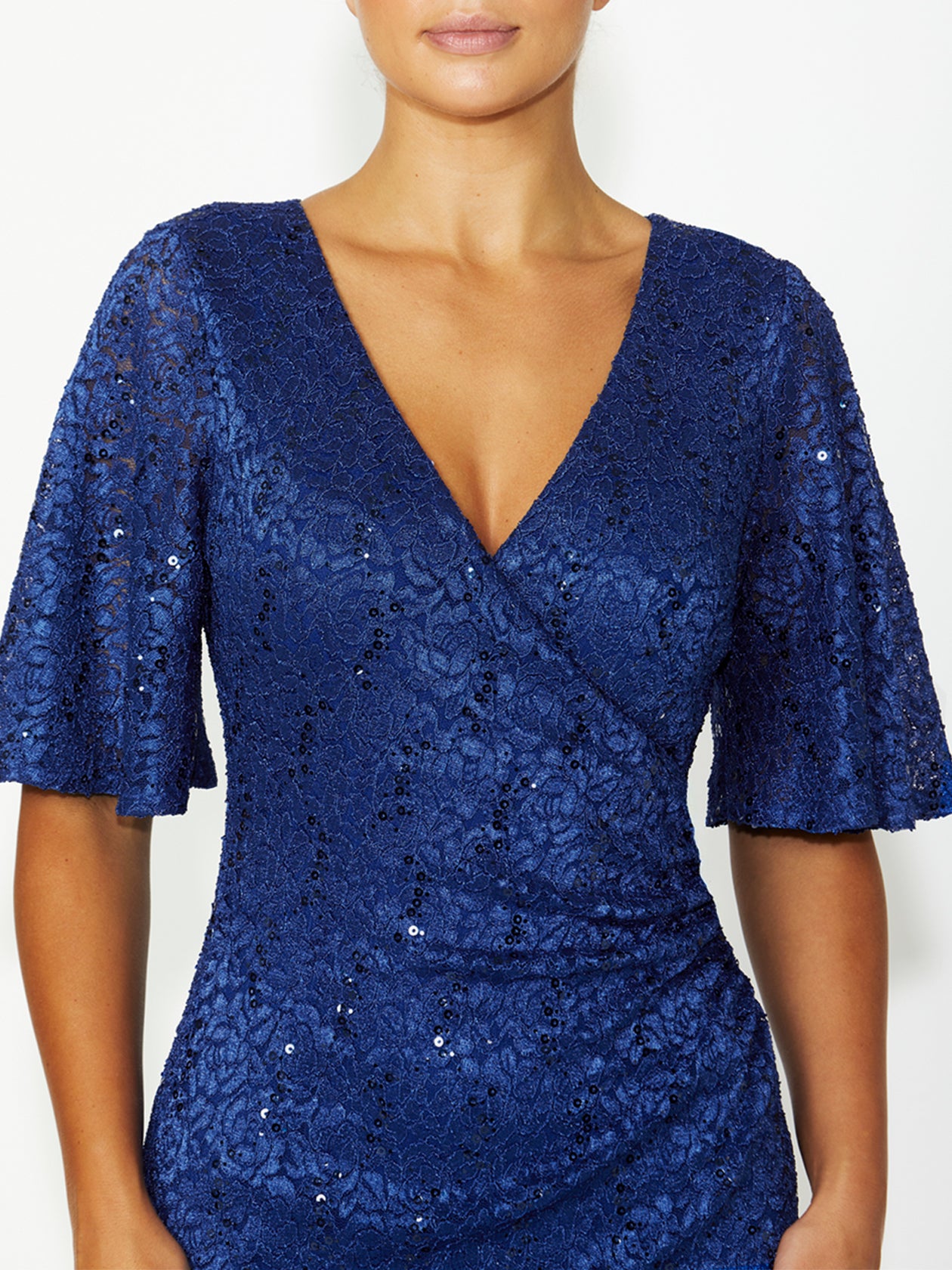 Women's Sequin Lace Flutter Sleeve Dress in Blue | Genesis