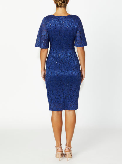 Women's Sequin Lace Flutter Sleeve Dress in Blue | Genesis