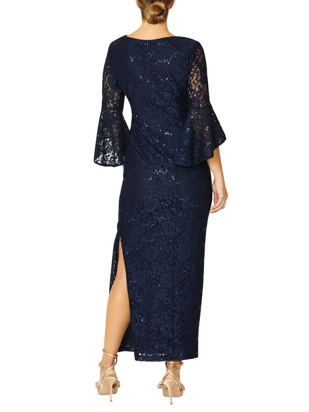 Women s Stretch Sequin Bell Sleeve Floor Length Gown in Navy